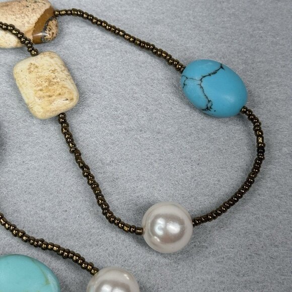 Lia Sophia Necklace Capri Jasper Turquoise Faux Pearl Bronze Seed Beads Beachy - Picture 5 of 7